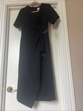 DKNY Black Wrap Midi Dress with Rhinestone Side Accent